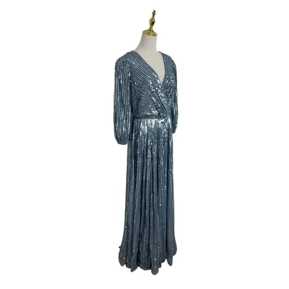 Mac Duggal 5509 Slate Blue Sequins 3/4 Sleeve Gown Size 10 $598 - Picture 5 of 8